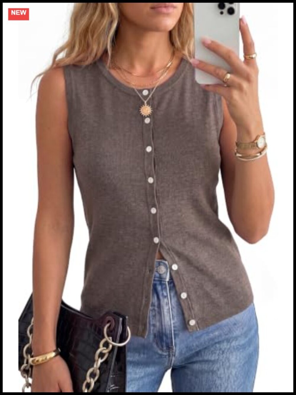 Wool Blend Button Down Tank Top Sleeveless Crew Neck Business Casual